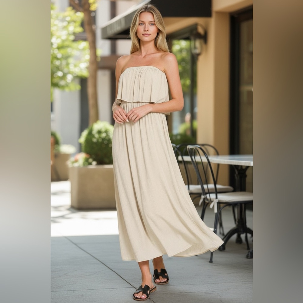 Zenana Woven Crinkle Strapless Maxi Dress Sand Beige